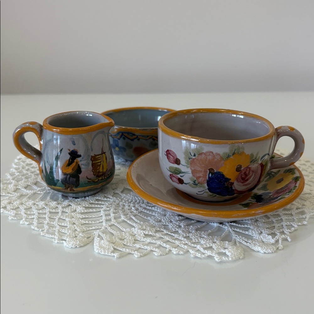 Peruvian Hand Painted Small Tea Set • Cup & Saucer + Cream & Sugar Folk Art